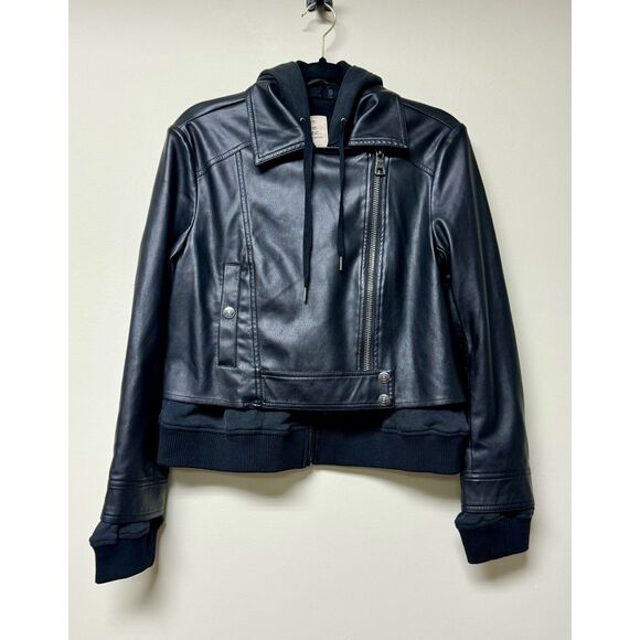 FREE PEOPLE We The Free Hooded Vegan Leather Motocycle Jacket, Sz XS - Picture 2 of 14